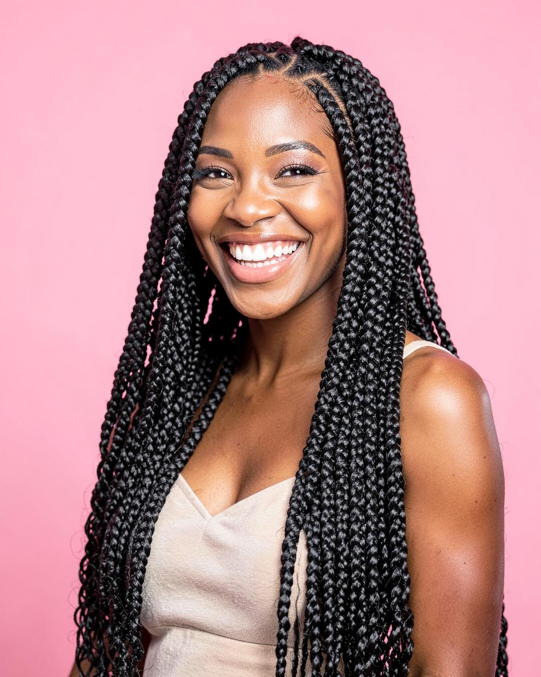 Mulher sorrindo com longas box braids
